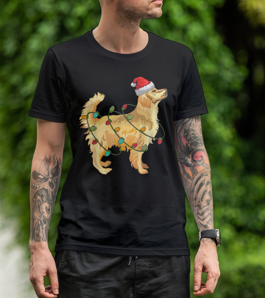 Golden Retriever With Christmas Lights And Santa Hat T-Shirt