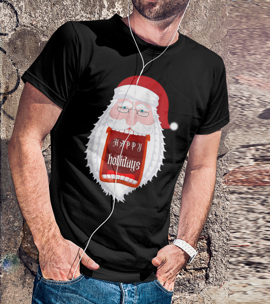 Happy Holidays Santa Zip Screaming Mouth With Glasses T-Shirt