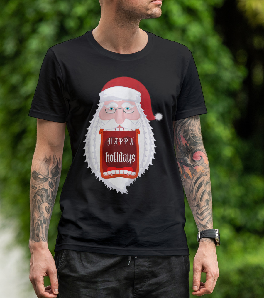 Happy Holidays Santa Zip Screaming Mouth With Glasses T-Shirt