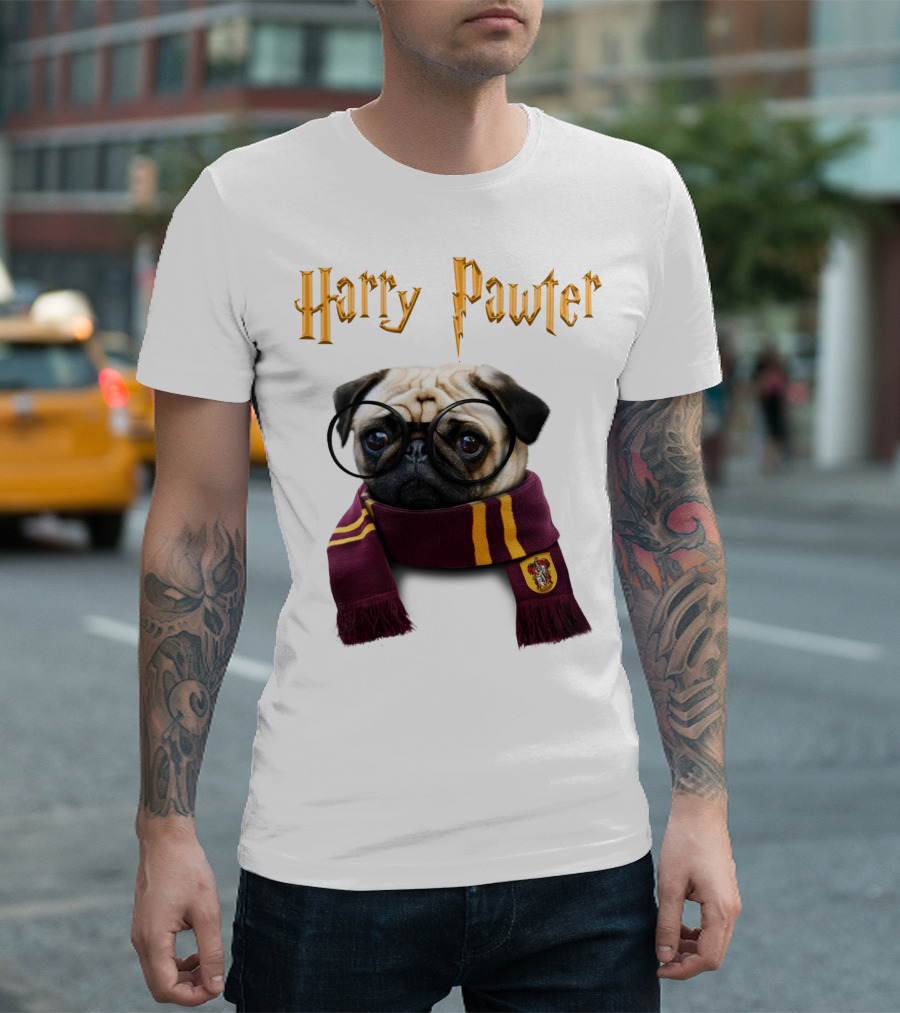 Harry Pawter Cute Puggy Dogs Potte Pups Wizard Pug With Glasses and Scarf T-Shirt