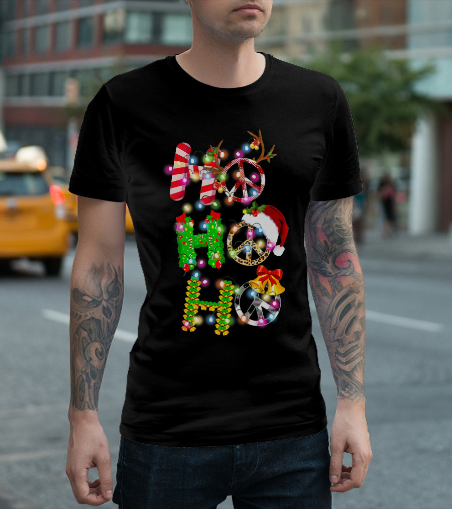 Ho Ho Ho Christmas Light Peace Sign Reindeer Santa Hat T-Shirt