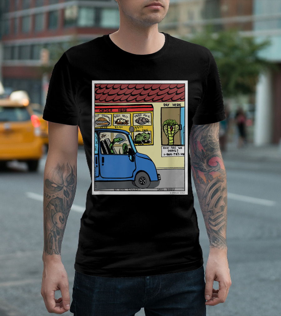 Hungry Snake Drives Through Reptile Lover Comic with Rat Sandwich and Frogs Legs T-Shirt