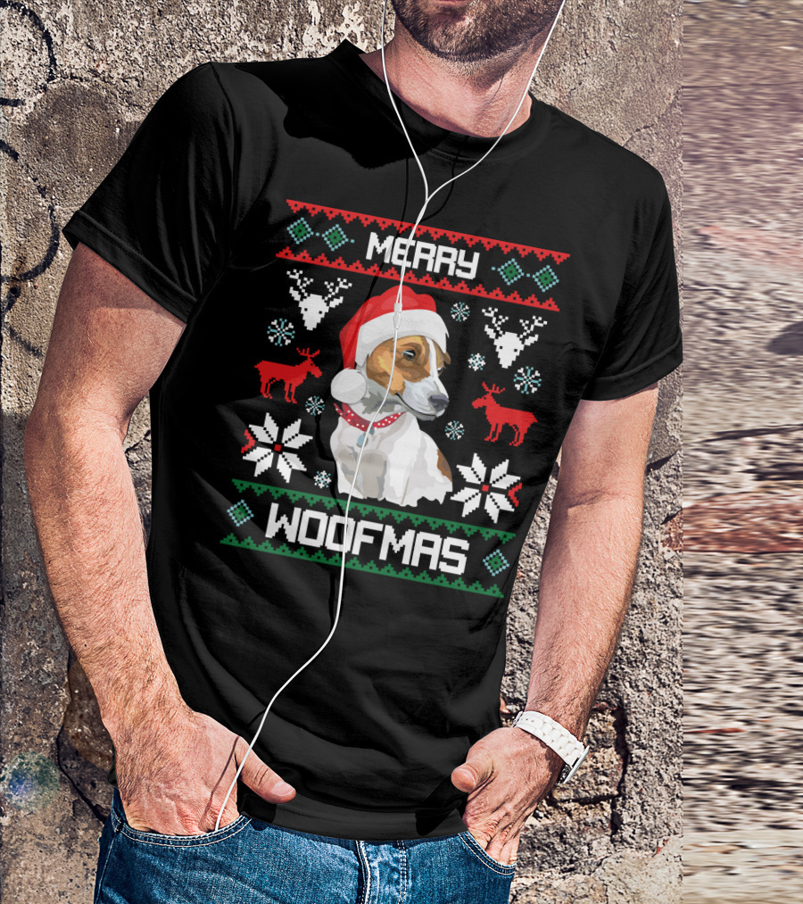 Merry Woofmas Jack Russell Terrier Dog Christmas Santa Hat T-Shirt