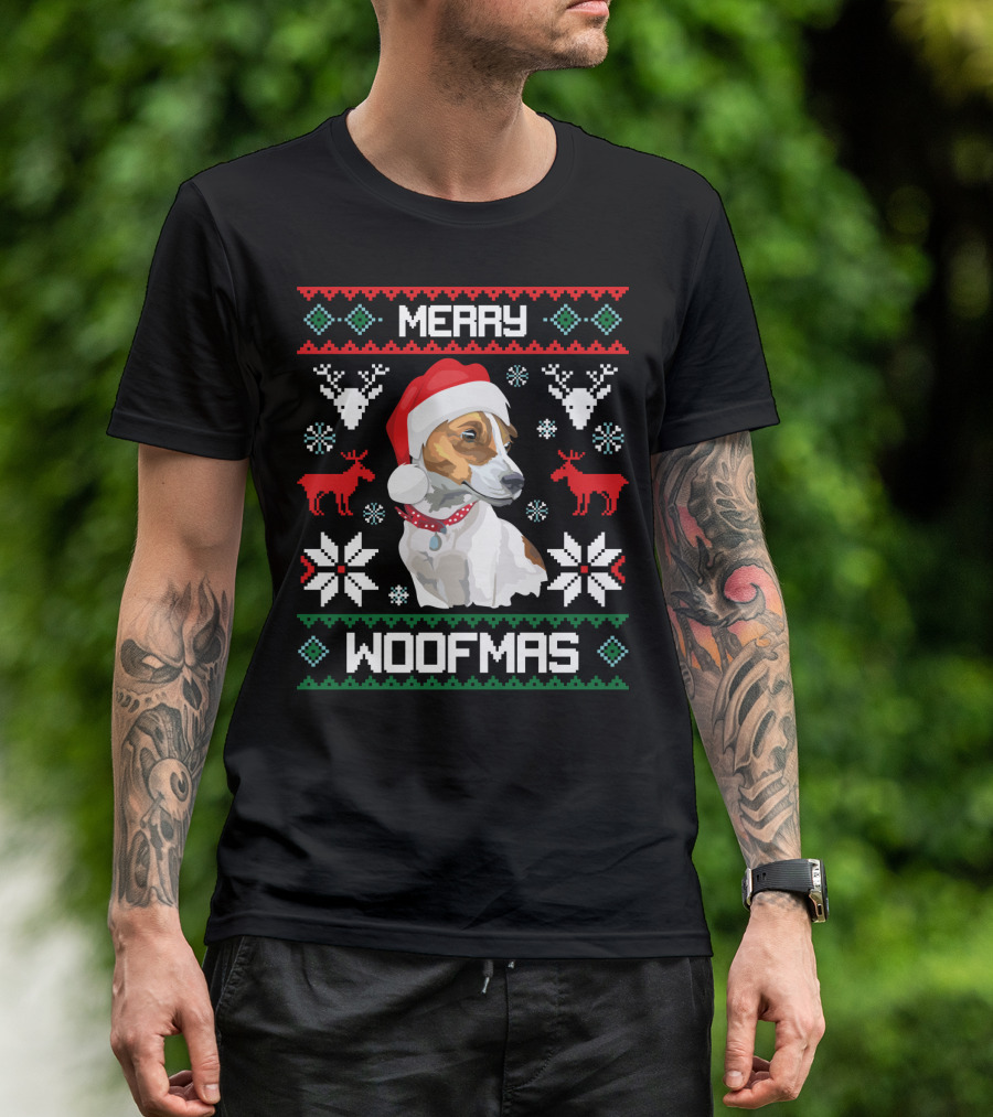 Merry Woofmas Jack Russell Terrier Dog Christmas Santa Hat T-Shirt