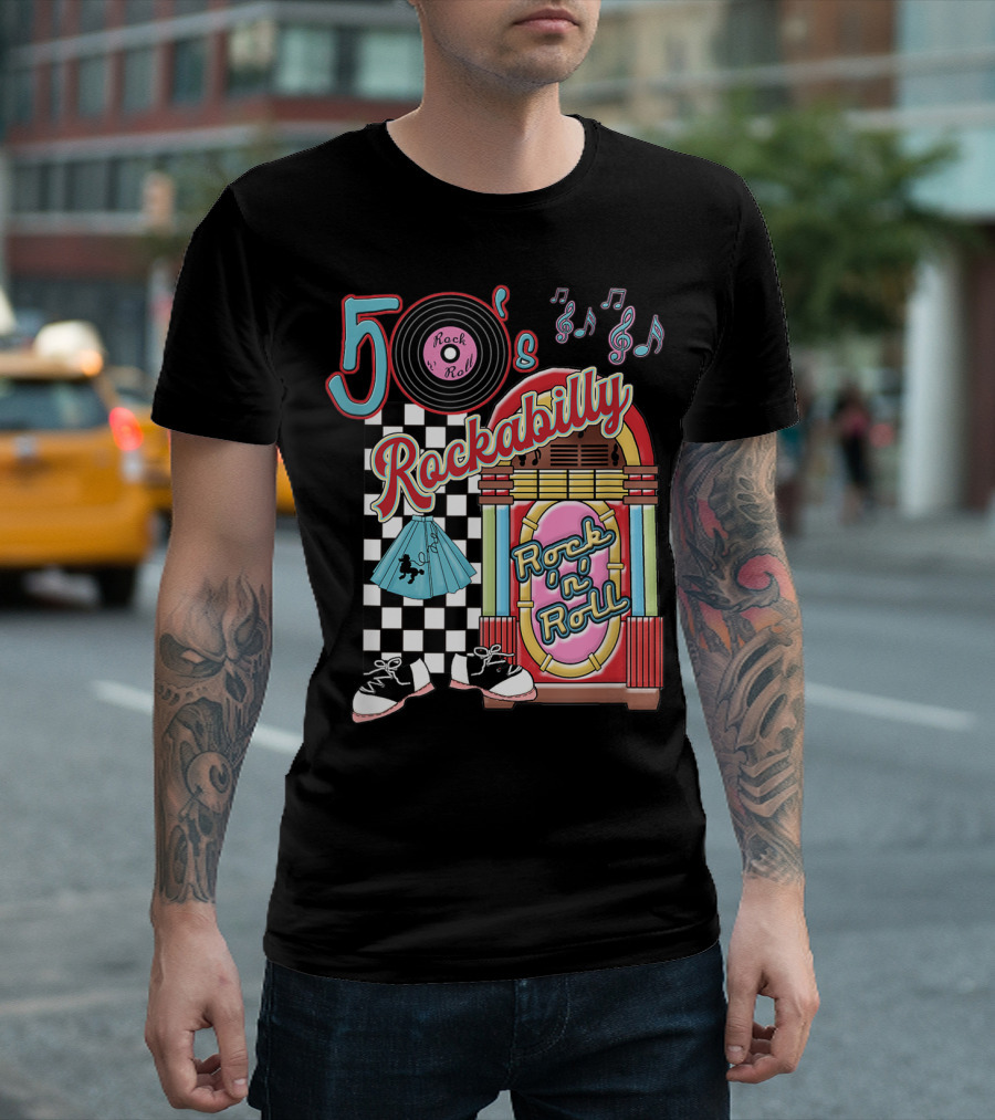50's Rock N Roll Rockabilly Jukebox And Checkered Dance Floor T-Shirt