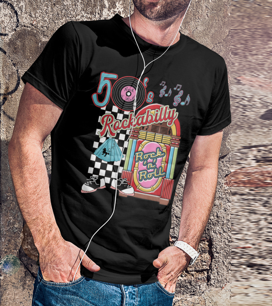 50's Rock N Roll Rockabilly Jukebox And Checkered Dance Floor T-Shirt
