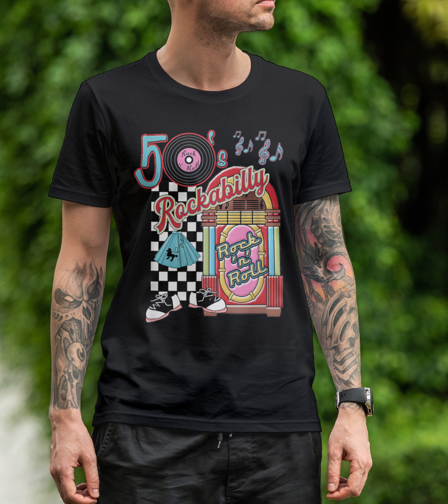50's Rock N Roll Rockabilly Jukebox And Checkered Dance Floor T-Shirt