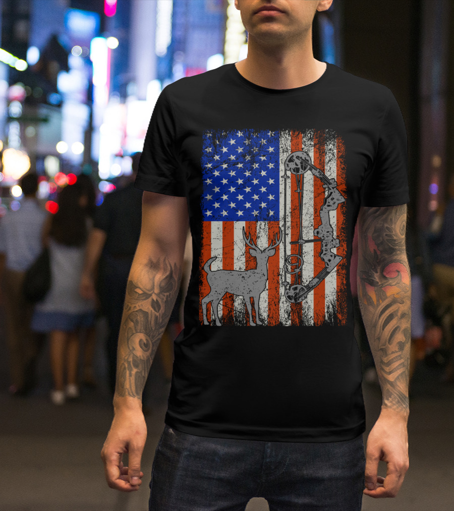 American Flag Deer Hunter With Bow Hunting Iconic T-Shirt