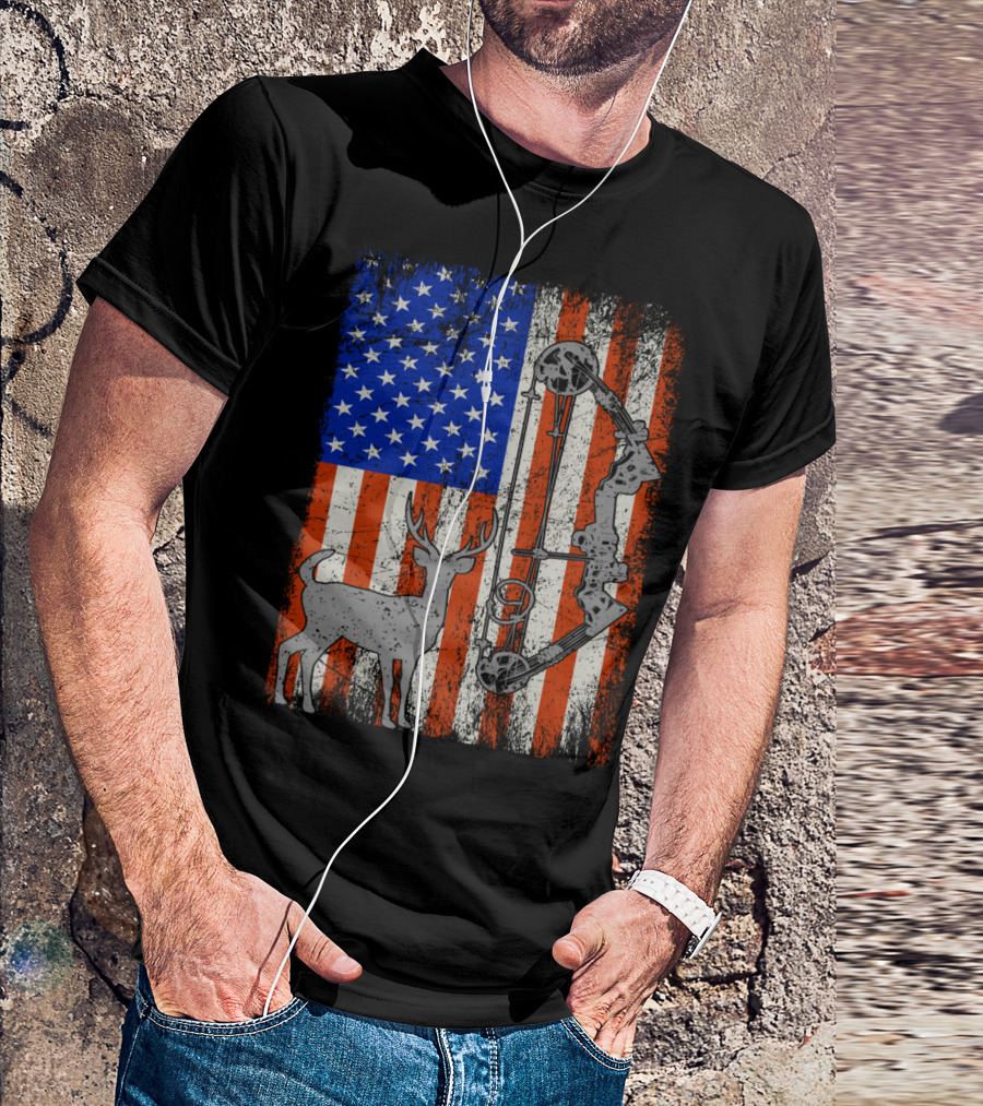 American Flag Deer Hunter With Bow Hunting Iconic T-Shirt