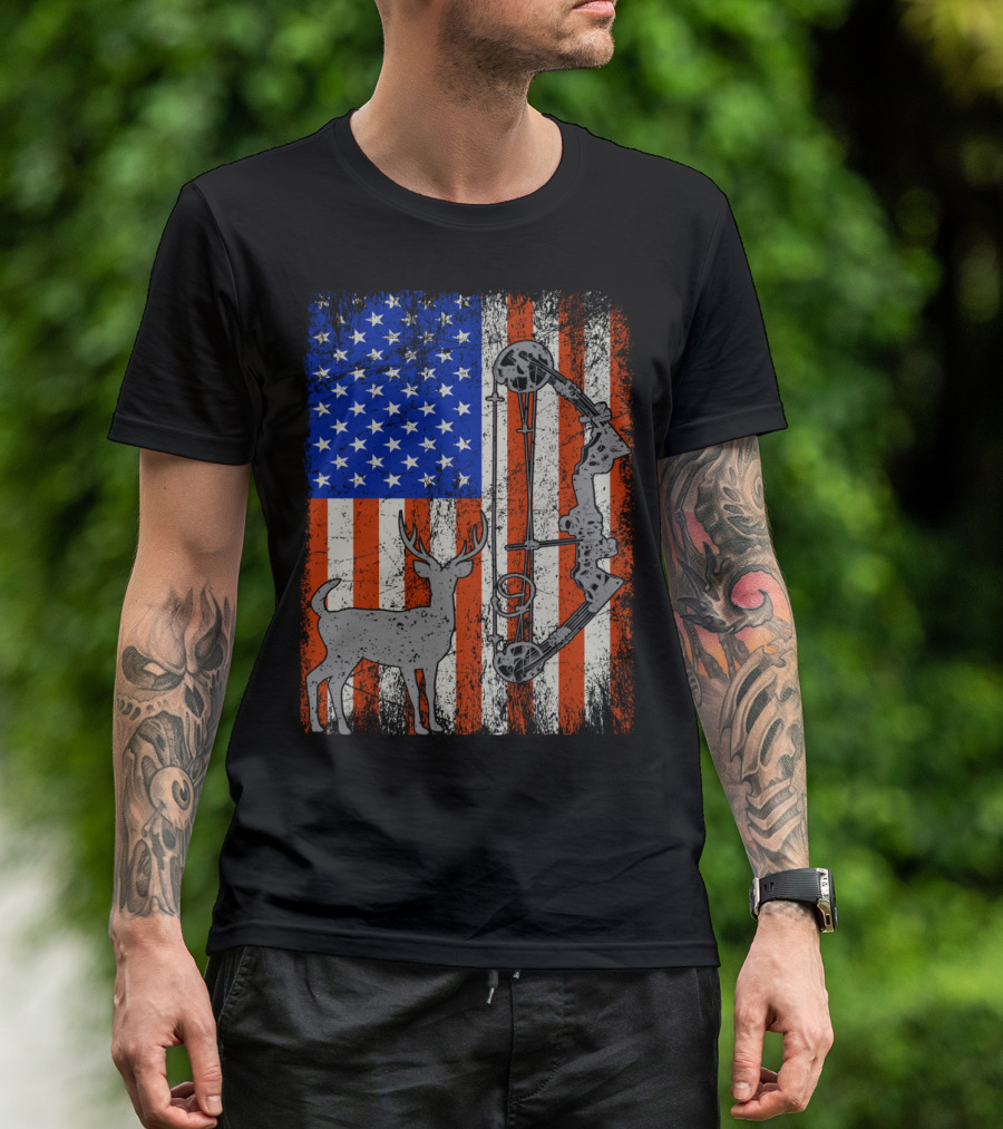 American Flag Deer Hunter With Bow Hunting Iconic T-Shirt