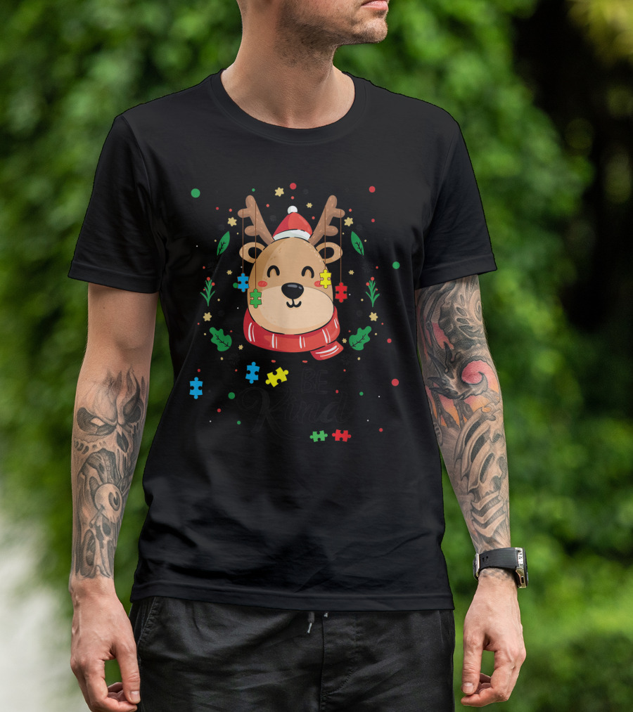 Be Kind Christmas Reindeer With Puzzle Pieces Autism Awareness T-Shirt