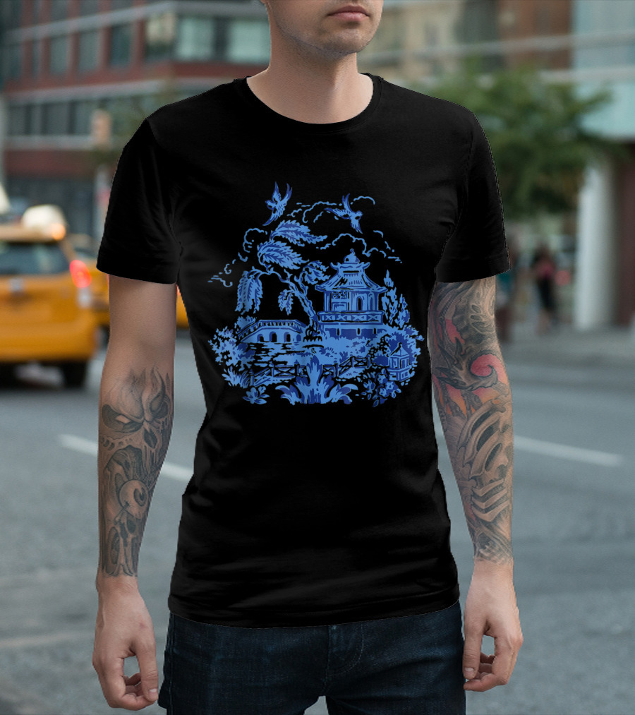 Classic Vintage Blue Willow China Scene Pagoda and Birds T-Shirt