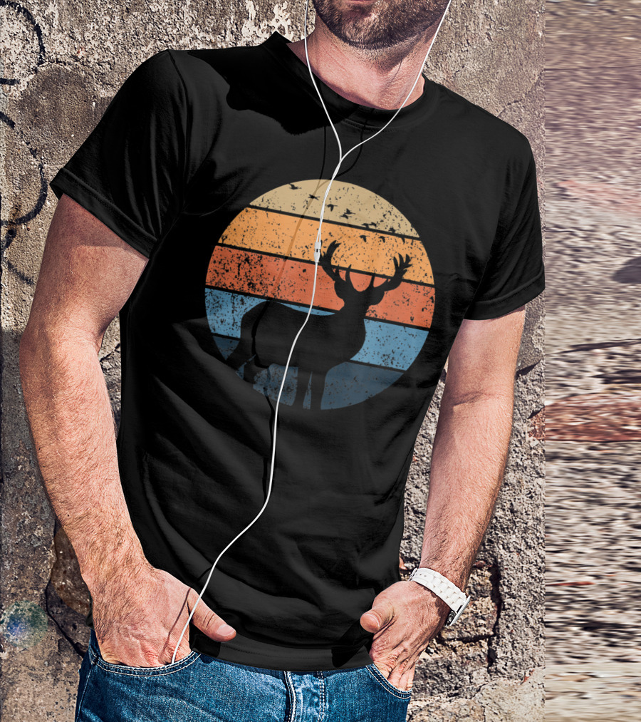 Deer Hunters Vintage Sunset Silhouette With Flying Birds T-Shirt