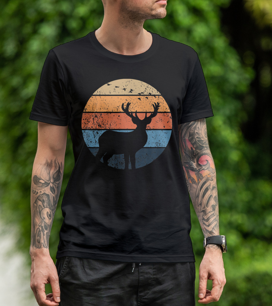 Deer Hunters Vintage Sunset Silhouette With Flying Birds T-Shirt
