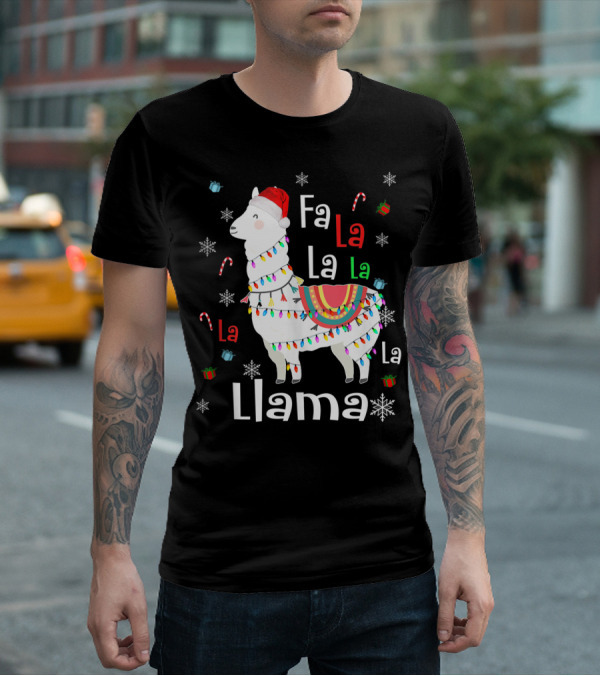 Fa La La Llama Llama Christmas Lights And Santa Hat With Candy Canes Snowflakes And Presents T-Shirt
