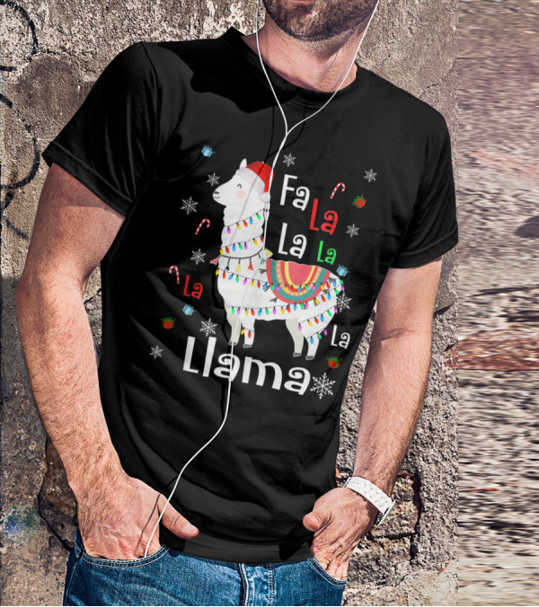 Fa La La Llama Llama Christmas Lights And Santa Hat With Candy Canes Snowflakes And Presents T-Shirt