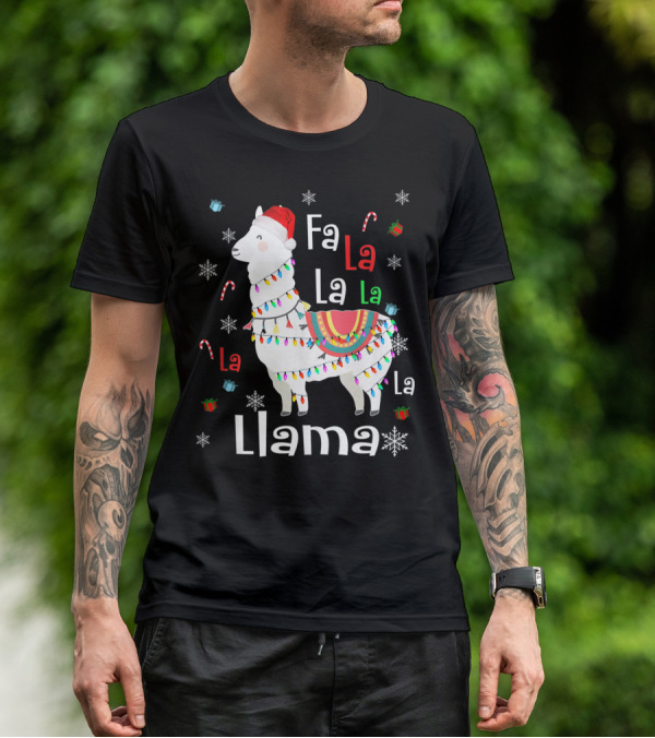 Fa La La Llama Llama Christmas Lights And Santa Hat With Candy Canes Snowflakes And Presents T-Shirt