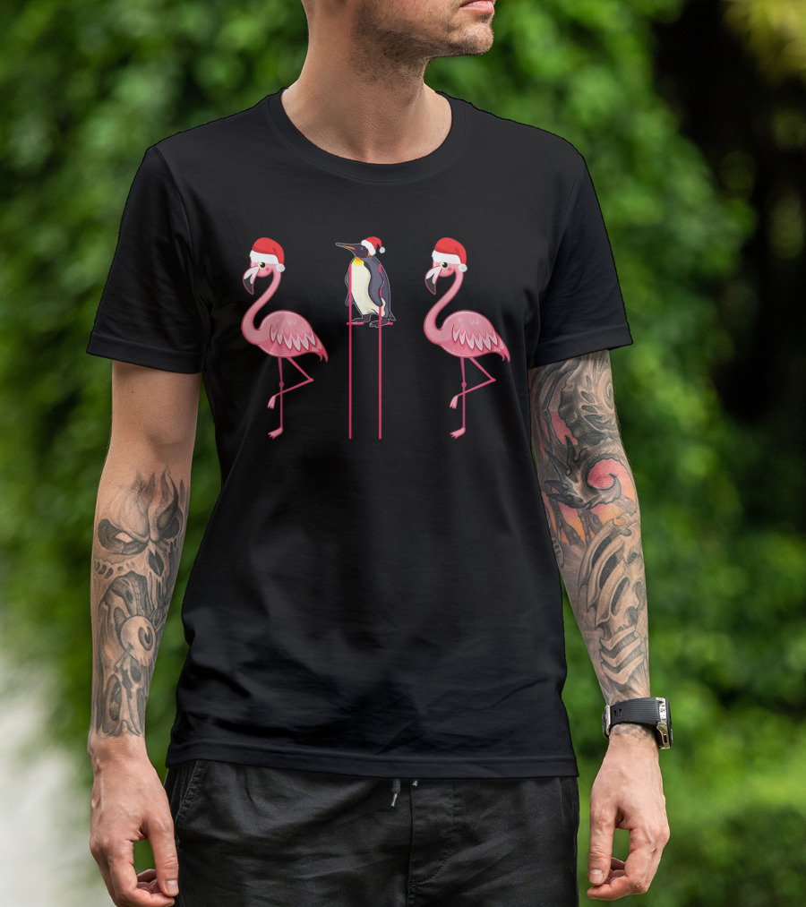 Flamingoes And Penguin With Santa Hats T-Shirt