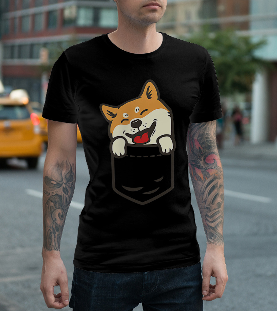 Cute Shiba Inu Akita Dog Face in Pocket T-Shirt