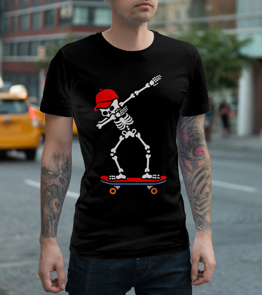 Dabbing Skeleton In Red Cap On Skateboard T-Shirt