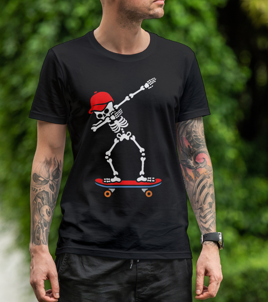 Dabbing Skeleton In Red Cap On Skateboard T-Shirt