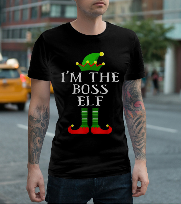 I'm The Boss Elf Christmas Humor Green Hat Striped Socks Red Shoes T-Shirt