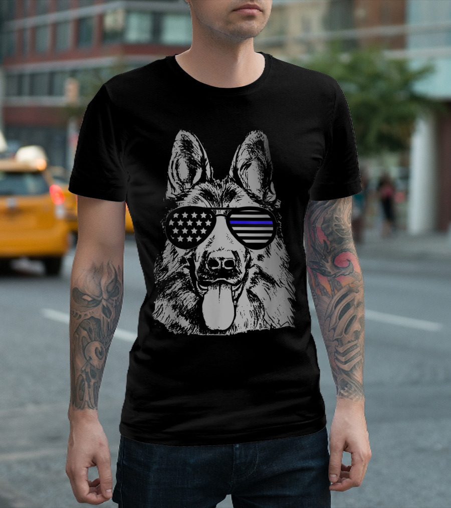 K9 Police Officer Dog Thin Blue Line Stars And Stripes Sunglasses T-Shirt