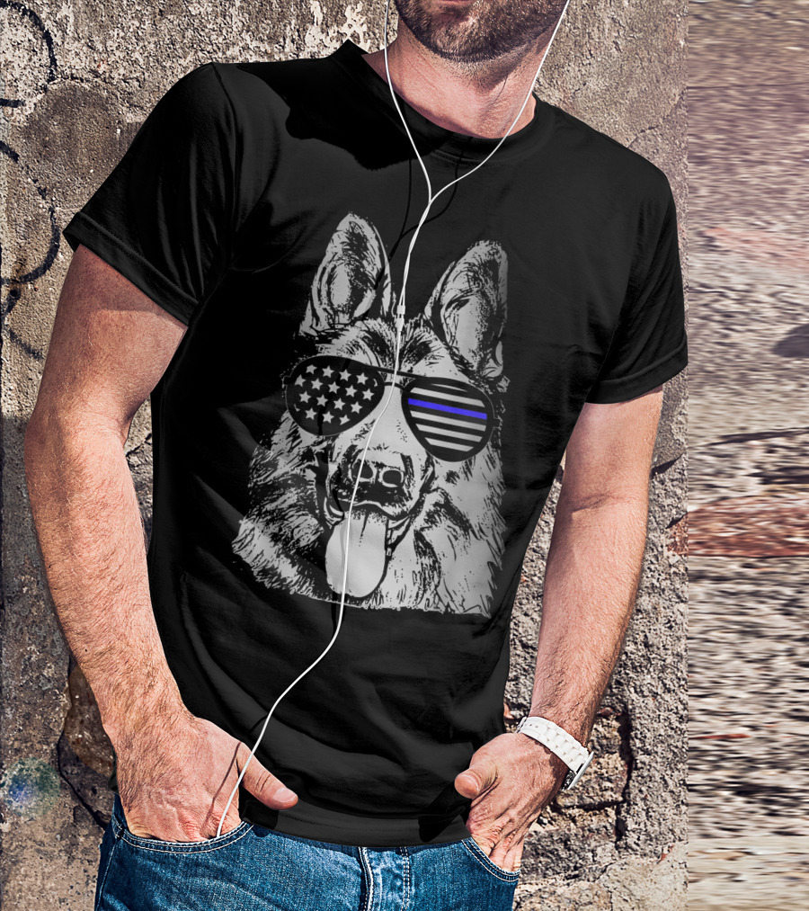K9 Police Officer Dog Thin Blue Line Stars And Stripes Sunglasses T-Shirt
