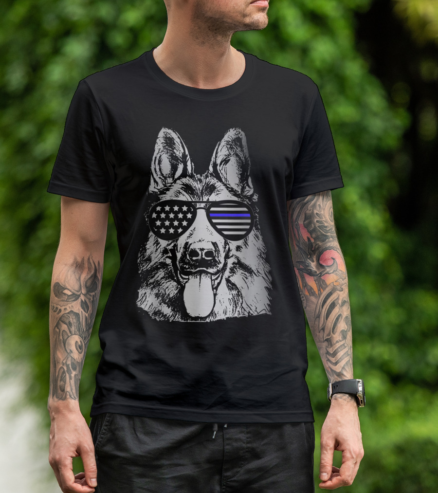 K9 Police Officer Dog Thin Blue Line Stars And Stripes Sunglasses T-Shirt
