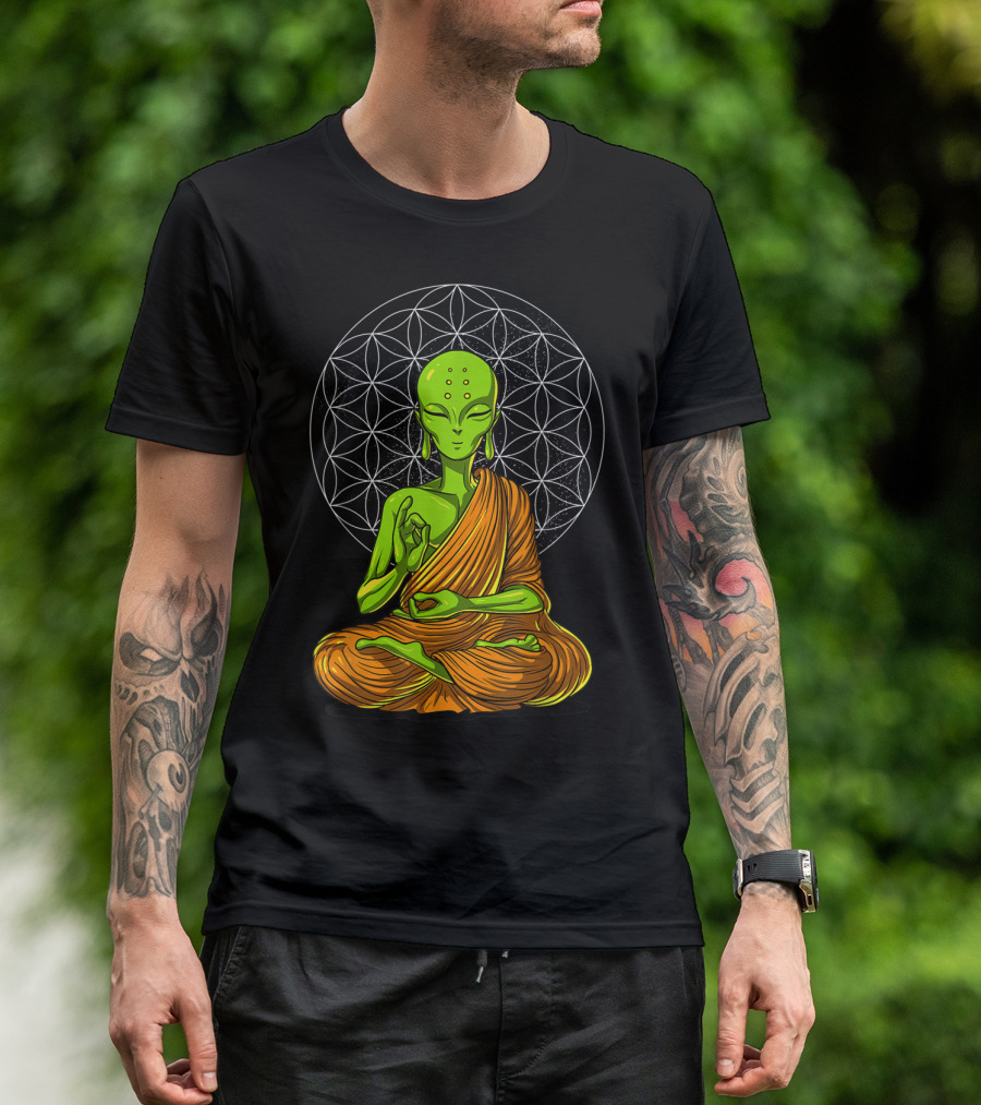 Alien Yoga Meditation Zen Namaste Buddha With Mandala Background T-Shirt