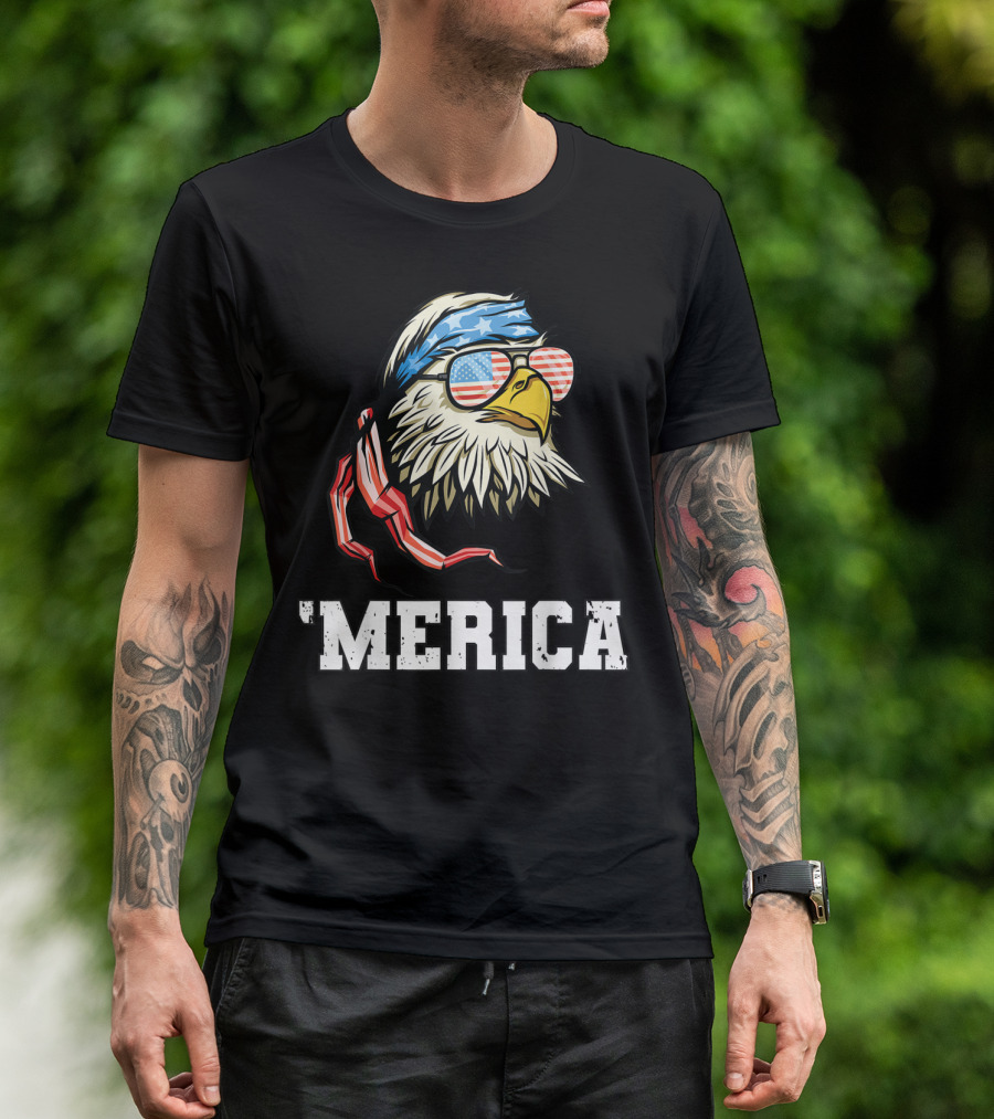 'Merica Bald Eagle USA Flag Bandana And Sunglasses T-Shirt