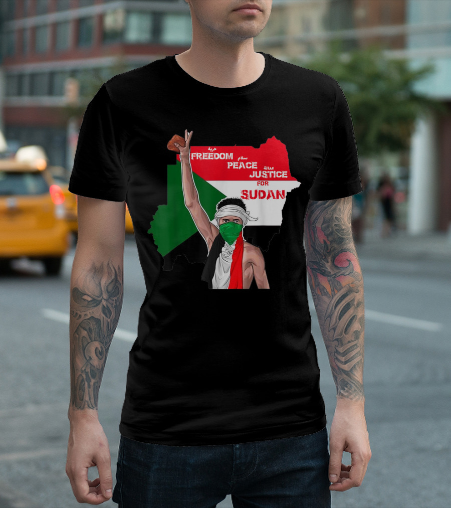 Freedom Peace Justice for Sudan Flag Arabic English Protester T-Shirt
