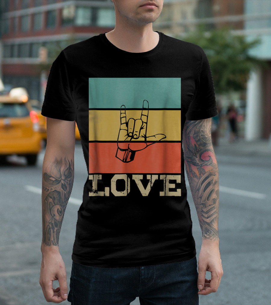 ASL Love Vintage Hand Sign Retro Color Blocks T-Shirt