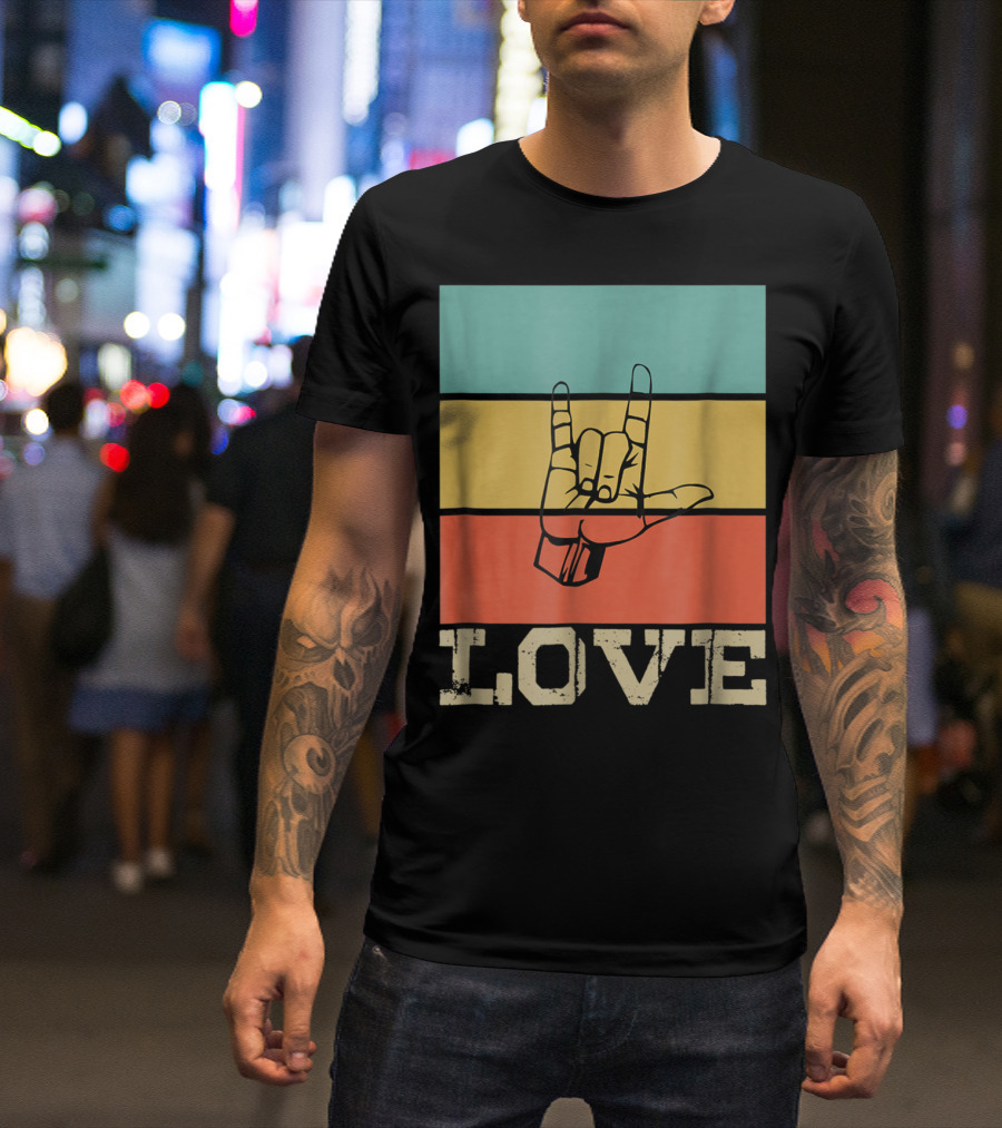 ASL Love Vintage Hand Sign Retro Color Blocks T-Shirt