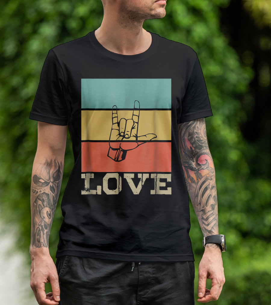 ASL Love Vintage Hand Sign Retro Color Blocks T-Shirt