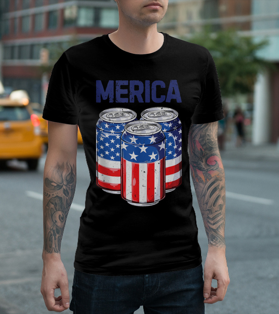 Merica American Flag Beer Cans 4th of July US T-Shirt