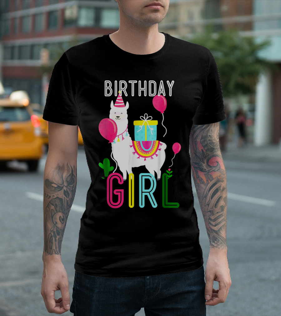 Birthday Girl Llama Cool Cute Alpaca With Balloons And Present T-Shirt