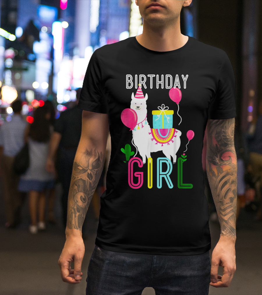 Birthday Girl Llama Cool Cute Alpaca With Balloons And Present T-Shirt