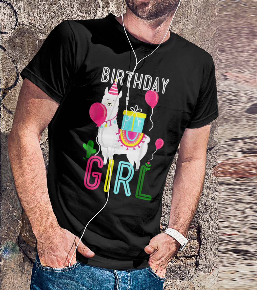Birthday Girl Llama Cool Cute Alpaca With Balloons And Present T-Shirt