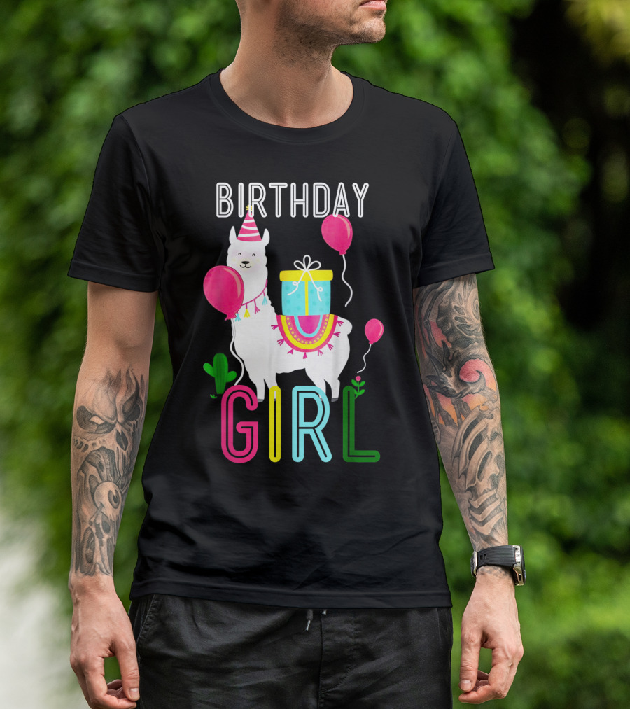 Birthday Girl Llama Cool Cute Alpaca With Balloons And Present T-Shirt