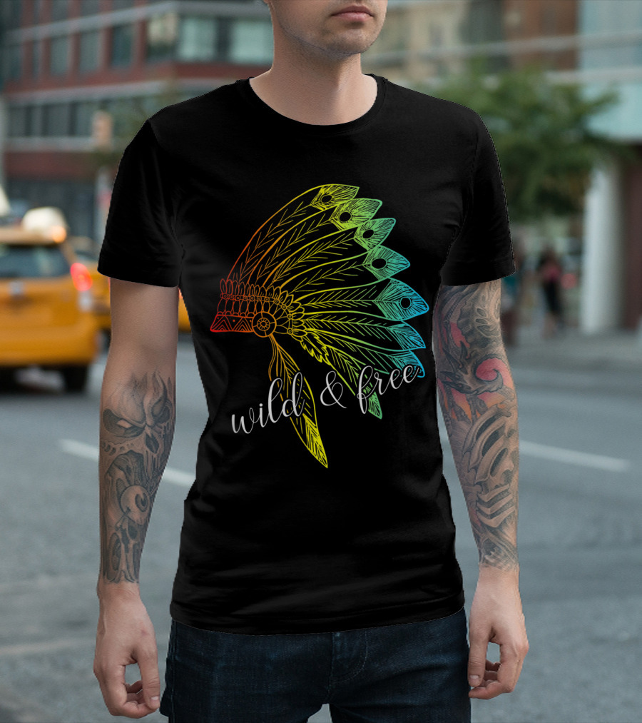 Wild and Free Colored Native American Headdress USA T-Shirt