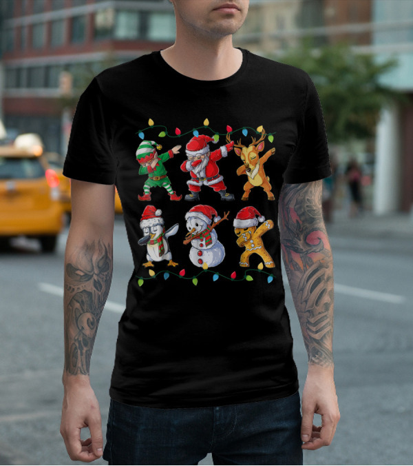 Dabbing Santa Elf Reindeer Penguin Snowman Gingerbread Christmas Lights T-Shirt