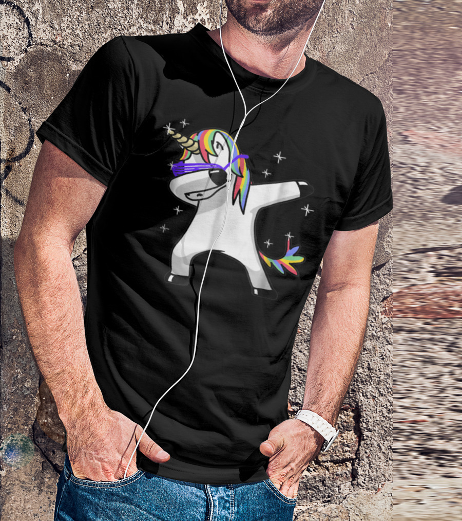 Rainbow Dabbing Unicorn With Sunglasses And Stars T-Shirt