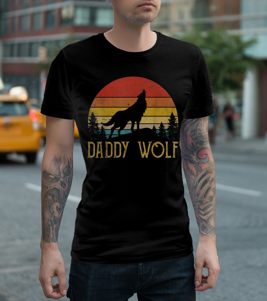 Daddy Wolf Silhouette Sunset Forest Scene T-Shirt