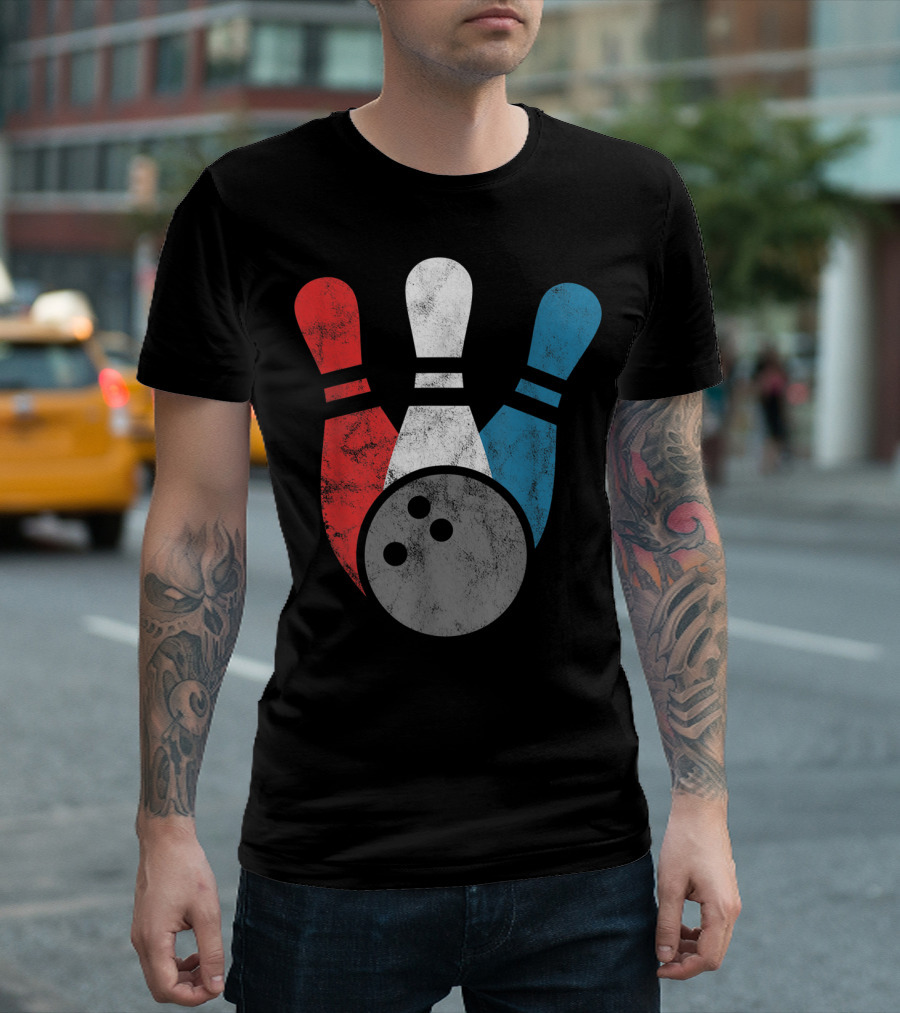 Distressed Red White Blue Bowling Pins with Bowling Ball T-Shirt