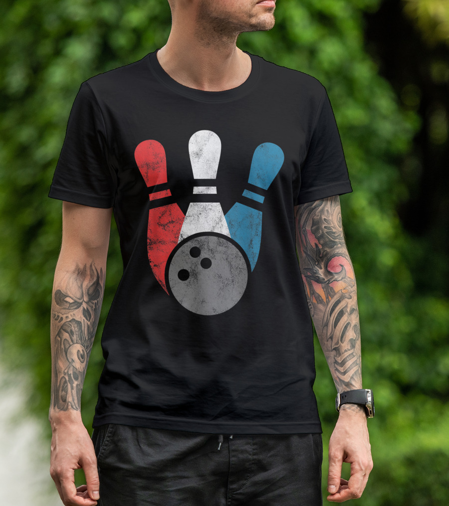Distressed Red White Blue Bowling Pins With Bowling Ball T-Shirt