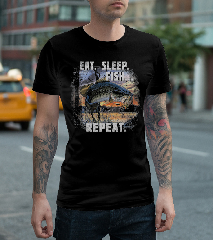 Eat Sleep Fish Repeat Bass Fishing Adventure Lake Sunrise T-Shirt