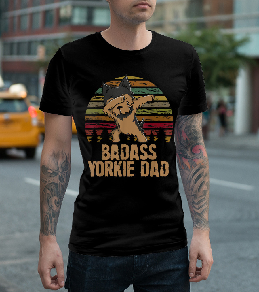 Badass Yorkie Dad Dabbing Vintage Sunset T-Shirt