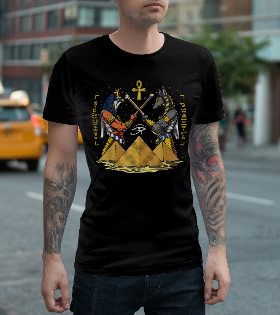 Egyptian God Anubis Horus Pyramids Ankh Hieroglyphs Eye Of Horus T-Shirt