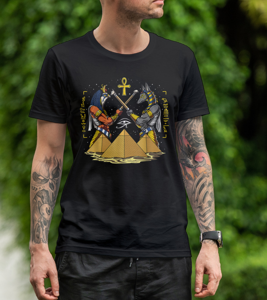 Egyptian God Anubis Horus Pyramids Ankh Hieroglyphs Eye Of Horus T-Shirt